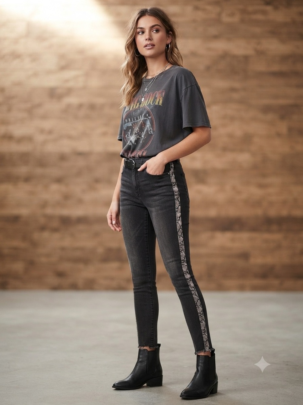 Design Lab Lord & Taylor Black Skinny Jeans with Snake-Print Side Trim Size 25